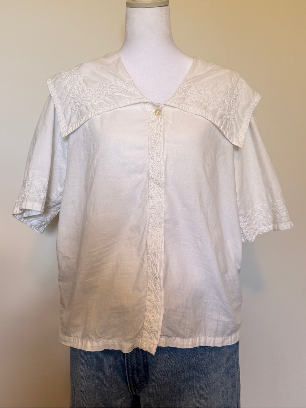 Vintage Cornell Trading White Embroidered Sailor Collar Top - 100% Cotton